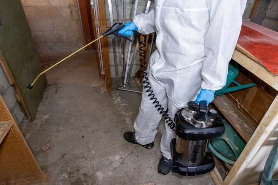 Technicien en combinaison de protection pulvérisant un insecticide dans un salon pour l'extermination des nuisibles.