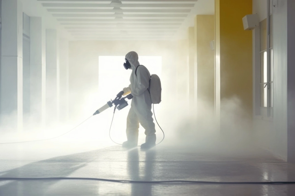 Technicien en combinaison de protection effectuant un service d'extermination des nuisibles avec un pulvérisateur dans un couloir.